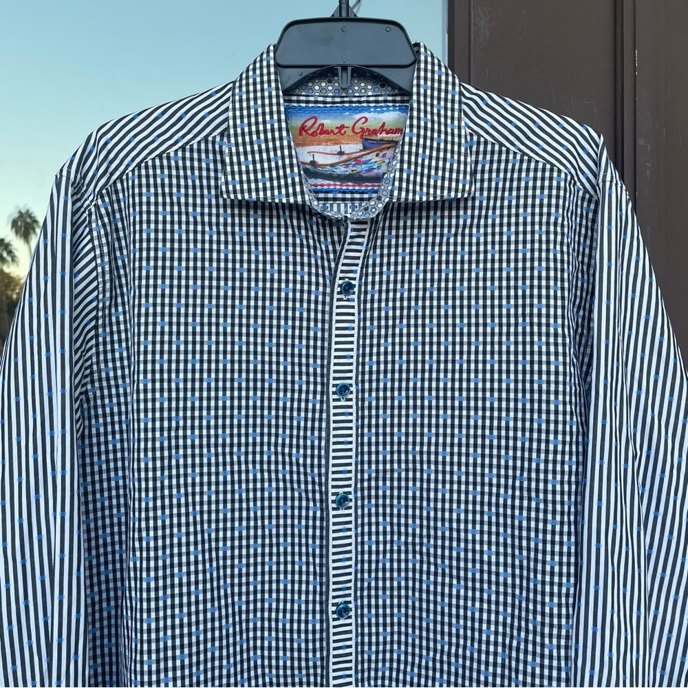 Robert Graham Black/White/Grey/Blue Stripe/Check Pattern Dress Shirt XL